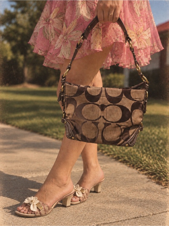 Coach Handbags - Vintage Coach Carly 10619 Signature Canvas Brown Leather Hobo Shoulder Bag Y2K